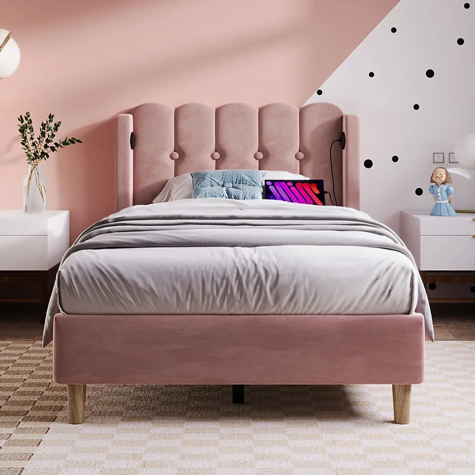 Okwish Lit Simple 90 x 200 Cm - Lit Adult avec Chargement USB Type-C - Velours, MDF, Métal - Sans Matelas - Rose