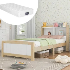 Okwish Lit simple 90 x 200 cm - Lit avec Tête de Lit Rangement - Bois Massif + MDF - avec Matelas - Blanc New