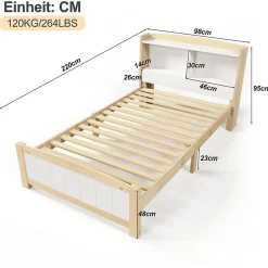Okwish Lit simple 90 x 200 cm - Lit avec Tête de Lit Rangement - Bois Massif + MDF - avec Matelas - Blanc New