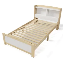 Okwish Lit simple 90 x 200 cm - Lit avec Tête de Lit Rangement - Bois Massif + MDF - avec Matelas - Blanc New