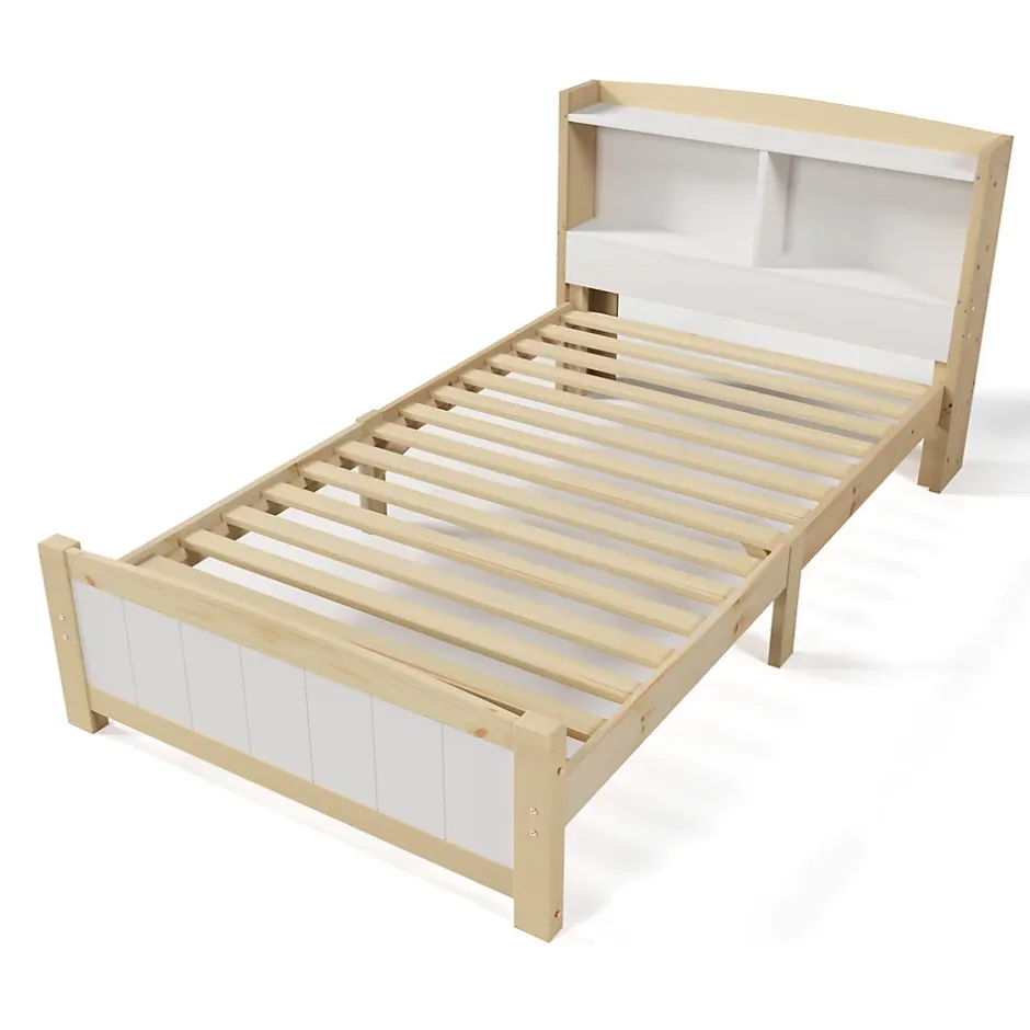 Okwish Lit simple 90 x 200 cm - Lit avec Tête de Lit Rangement - Bois Massif + MDF - avec Matelas - Blanc New