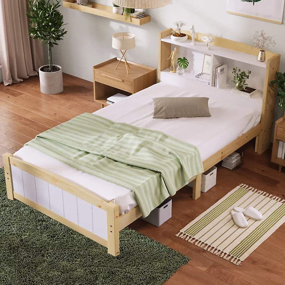 Okwish Lit simple 90 x 200 cm - Lit avec Tête de Lit Rangement - Bois Massif + MDF - avec Matelas - Blanc New