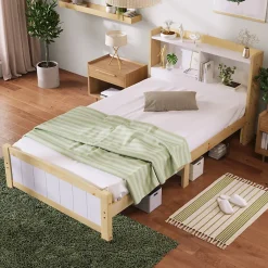 Okwish Lit simple 90 x 200 cm - Lit avec Rangement Tête de Lit - Bois Massif et MDF - Sans Matelas - Blanc