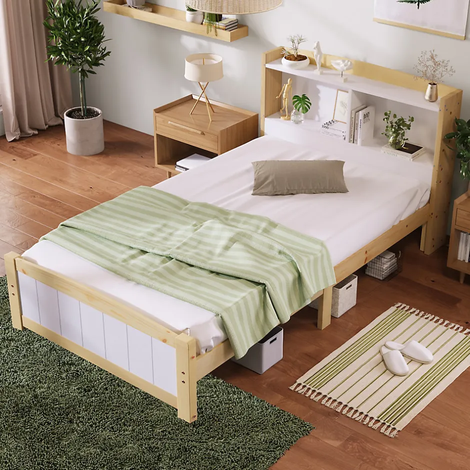 Okwish Lit simple 90 x 200 cm - Lit avec Rangement Tête de Lit - Bois Massif et MDF - Sans Matelas - Blanc