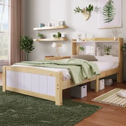 Okwish Lit simple 90 x 200 cm - Lit avec Rangement Tête de Lit - Bois Massif et MDF - Sans Matelas - Blanc