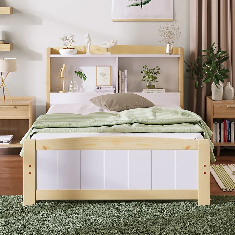 Okwish Lit simple 90 x 200 cm - Lit avec Rangement Tête de Lit - Bois Massif et MDF - Sans Matelas - Blanc