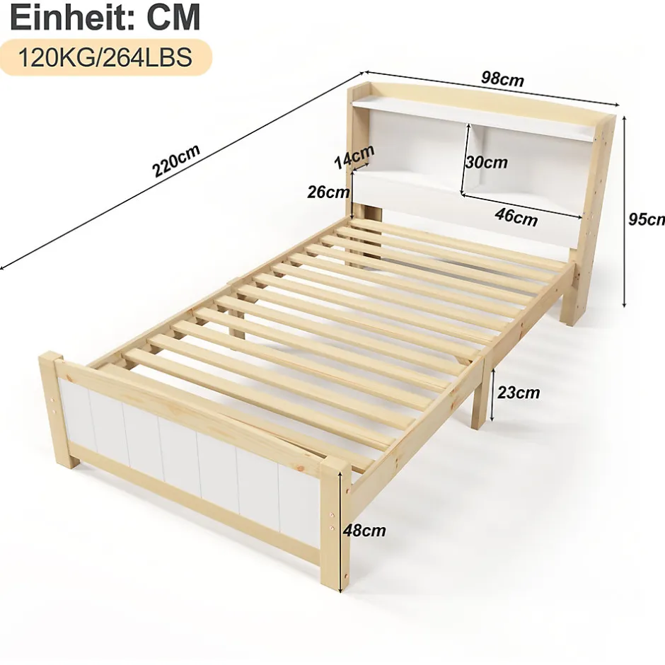 Okwish Lit simple 90 x 200 cm - Lit avec Rangement Tête de Lit - Bois Massif et MDF - Sans Matelas - Blanc