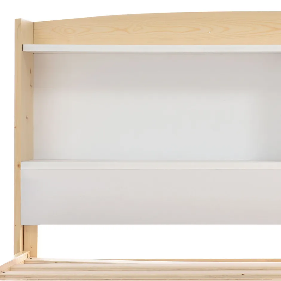 Okwish Lit simple 90 x 200 cm - Lit avec Rangement Tête de Lit - Bois Massif et MDF - Sans Matelas - Blanc