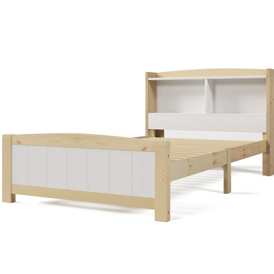 Okwish Lit simple 90 x 200 cm - Lit avec Rangement Tête de Lit - Bois Massif et MDF - Sans Matelas - Blanc