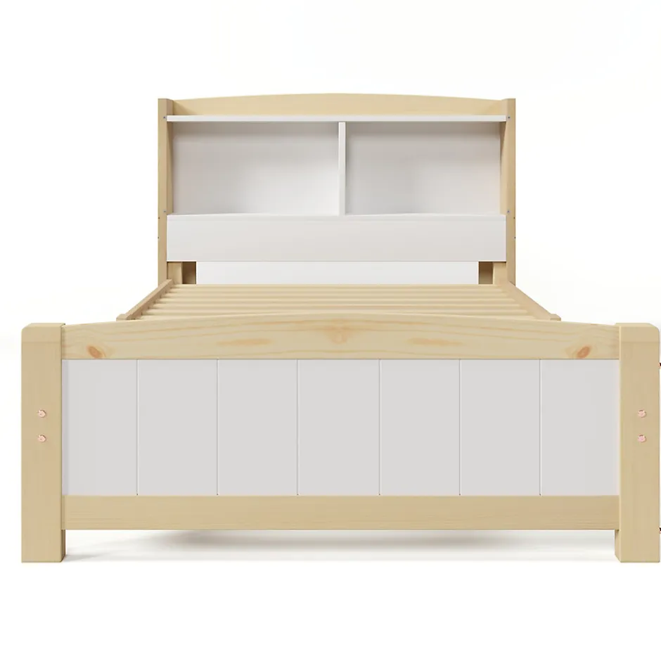 Okwish Lit simple 90 x 200 cm - Lit avec Rangement Tête de Lit - Bois Massif et MDF - Sans Matelas - Blanc