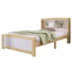 Okwish Lit simple 90 x 200 cm - Lit avec Rangement Tête de Lit - Bois Massif et MDF - Sans Matelas - Blanc