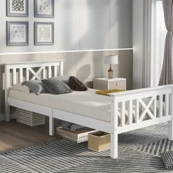 Okwish Lit Simple 90 x 200 Cm - Lit Classique avec Sommier à Lattes et Tête de Lit - Pin Massif, MDF - Sans Matelas - Blanc Online