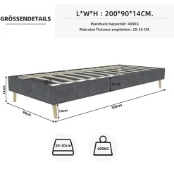 Okwish Lit Simple Adulte 90x200 cm - Lit Bas Sans Tête de Lit, Sans Matelas, Moderne et Minimaliste, Velours Gris