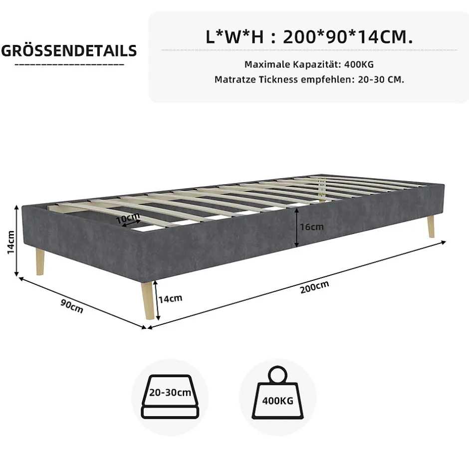 Okwish Lit Simple Adulte 90x200 cm - Lit Bas Sans Tête de Lit, Sans Matelas, Moderne et Minimaliste, Velours Gris