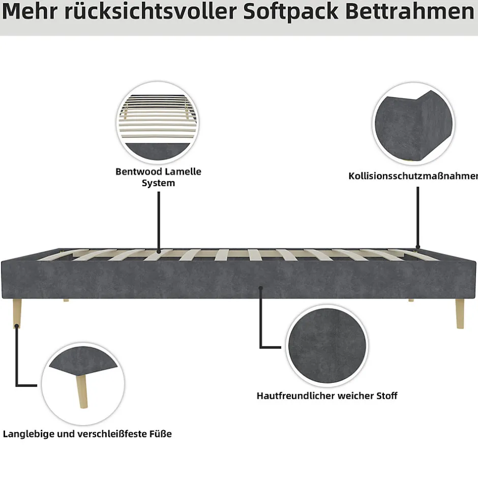 Okwish Lit Simple Adulte 90x200 cm - Lit Bas Sans Tête de Lit, Sans Matelas, Moderne et Minimaliste, Velours Gris