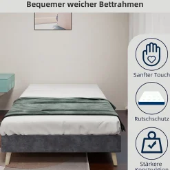 Okwish Lit Simple Adulte 90x200 cm - Lit Bas Sans Tête de Lit, Sans Matelas, Moderne et Minimaliste, Velours Gris