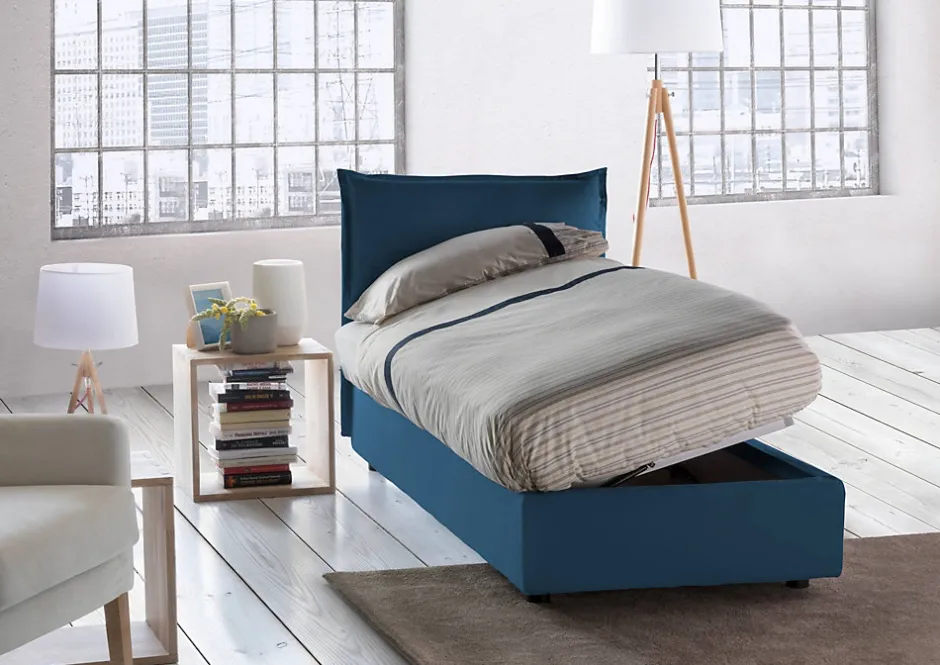 Talamo Italia Lit simple Aren, Lit coffre avec revêtement en tissu, 100% Made in Italy, Ouverture latérale, avec matelas 80x190 cm inclus, Bleu