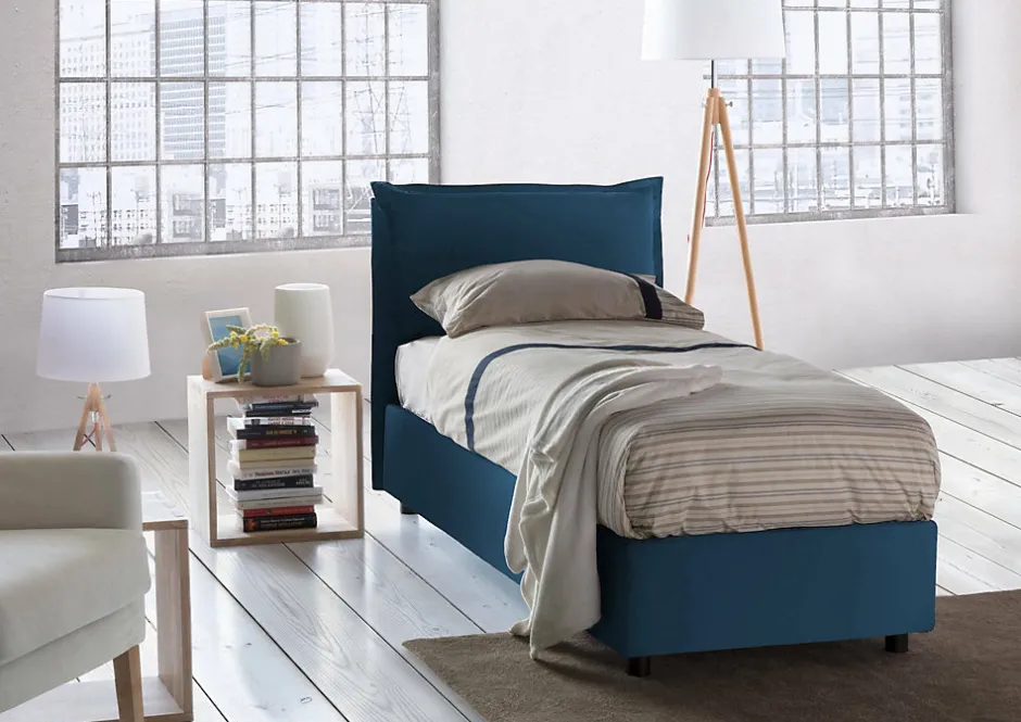 Talamo Italia Lit simple Arzon, Lit coffre avec revêtement en tissu, 100% Made in Italy, Ouverture frontale, avec matelas 90x200 cm inclus, Bleu
