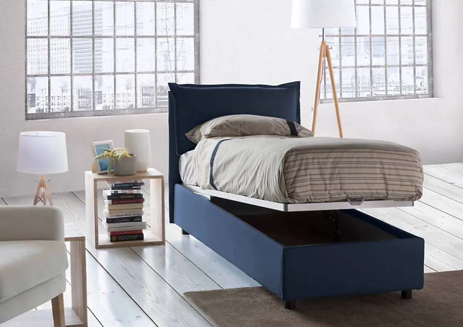Talamo Italia Lit simple Arzon, Lit coffre avec revêtement en tissu, 100% Made in Italy, Ouverture frontale, avec matelas 90x200 cm inclus, Bleu