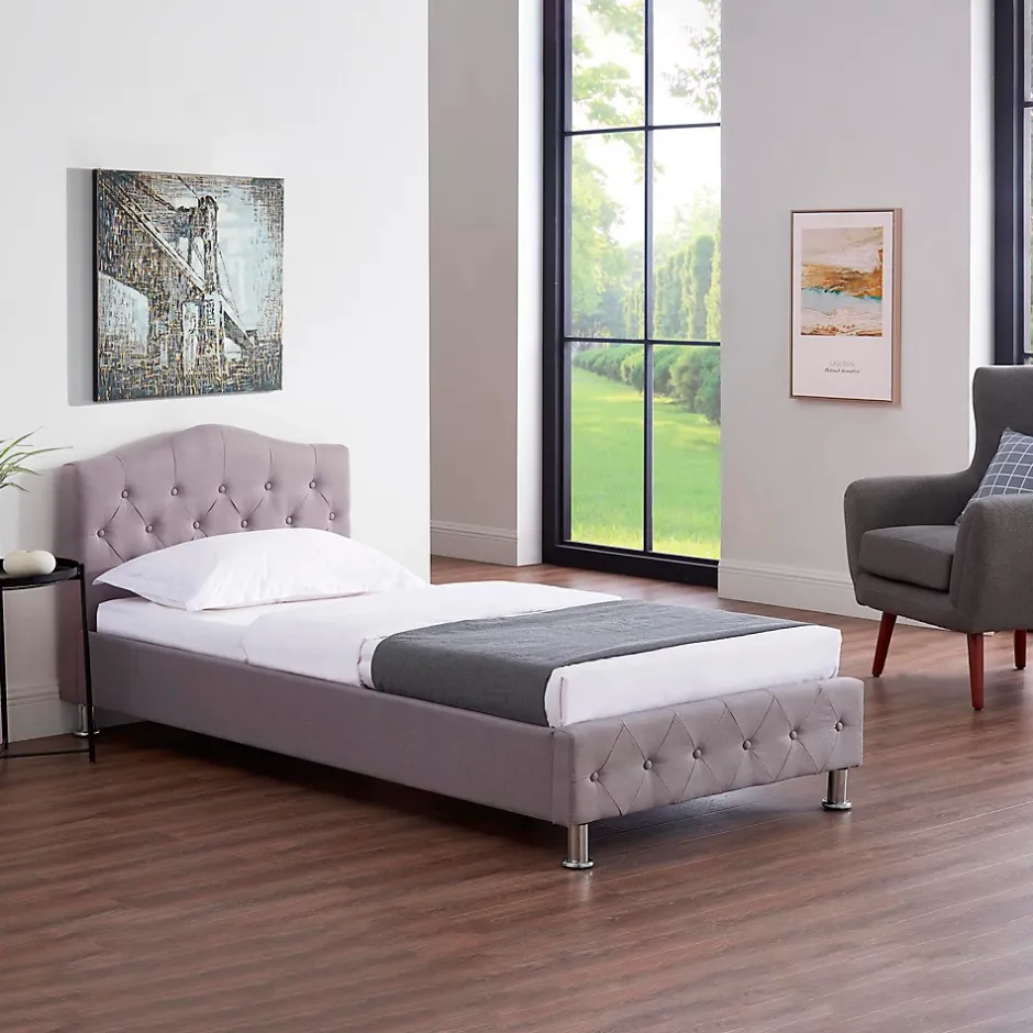 Idimex Lit simple BIARRITZ, 90 x 190 cm, capitonné avec sommier, revêtement en tissu gris