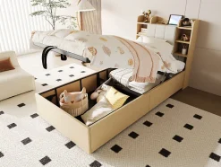 Redom Lit simple bois 90 par 200 cm avec tete de lit rangement prise USB et Type C systeme hydraulique sans matelas Discount