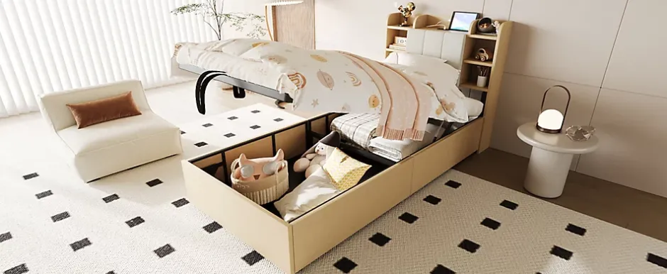 Redom Lit simple bois 90 par 200 cm avec tete de lit rangement prise USB et Type C systeme hydraulique sans matelas Discount