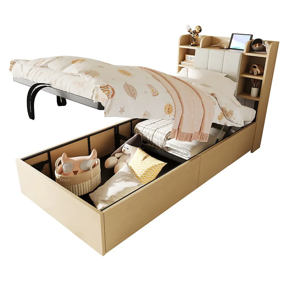 Redom Lit simple bois 90 par 200 cm avec tete de lit rangement prise USB et Type C systeme hydraulique sans matelas Discount