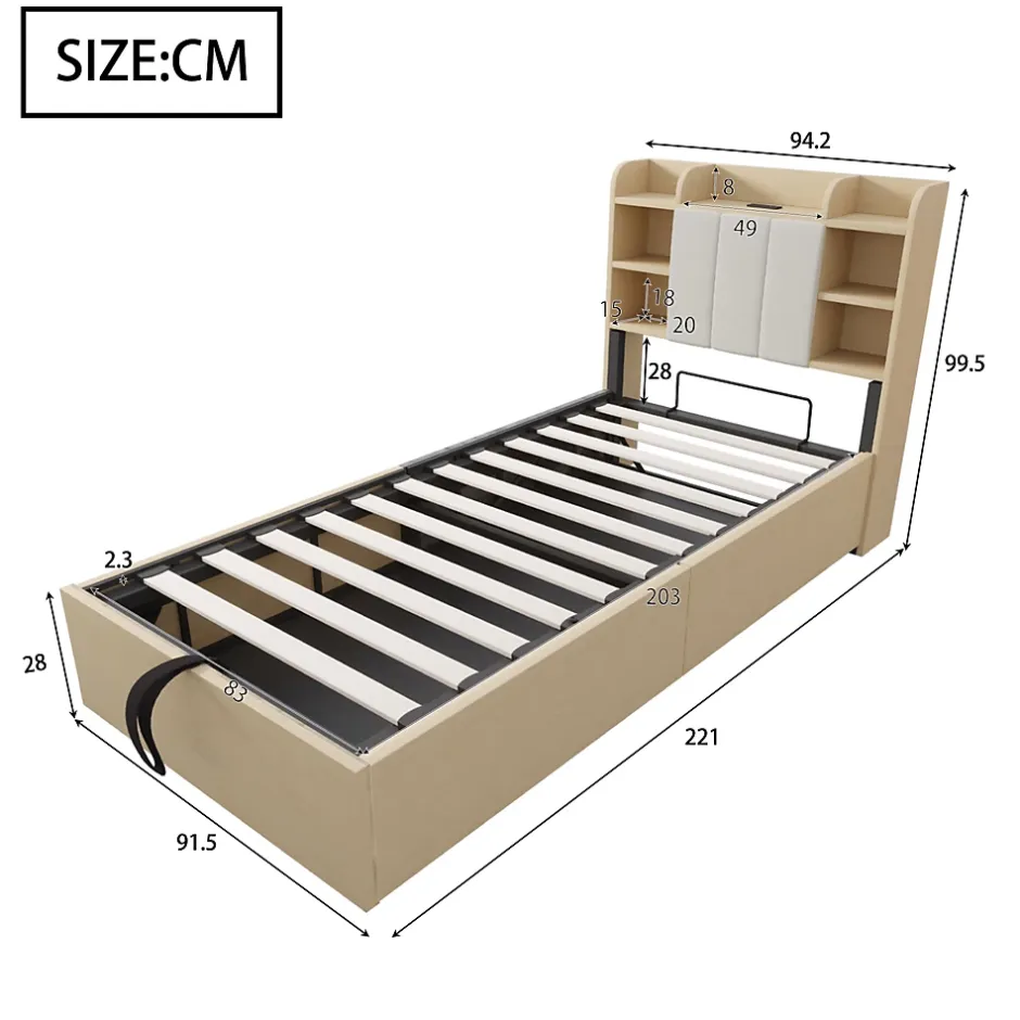Redom Lit simple bois 90 par 200 cm avec tete de lit rangement prise USB et Type C systeme hydraulique sans matelas Discount