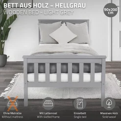 Ml-Design Lit simple bois de pin gris clair d'adolescents avec sommier à lattes 200x90 cm Hot