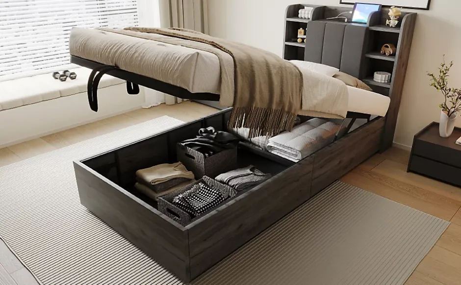 Redom Lit simple bois gris 90 par 200 cm avec tete de lit rangement prise USB et Type C systeme hydraulique sans matelas Online