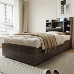 Redom Lit simple bois gris 90 par 200 cm avec tete de lit rangement prise USB et Type C systeme hydraulique sans matelas Online