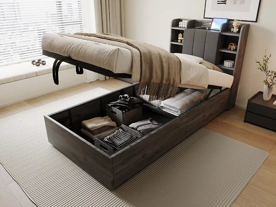 Redom Lit simple bois gris 90 par 200 cm avec tete de lit rangement prise USB et Type C systeme hydraulique sans matelas Online