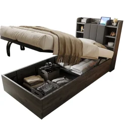 Redom Lit simple bois gris 90 par 200 cm avec tete de lit rangement prise USB et Type C systeme hydraulique sans matelas Online