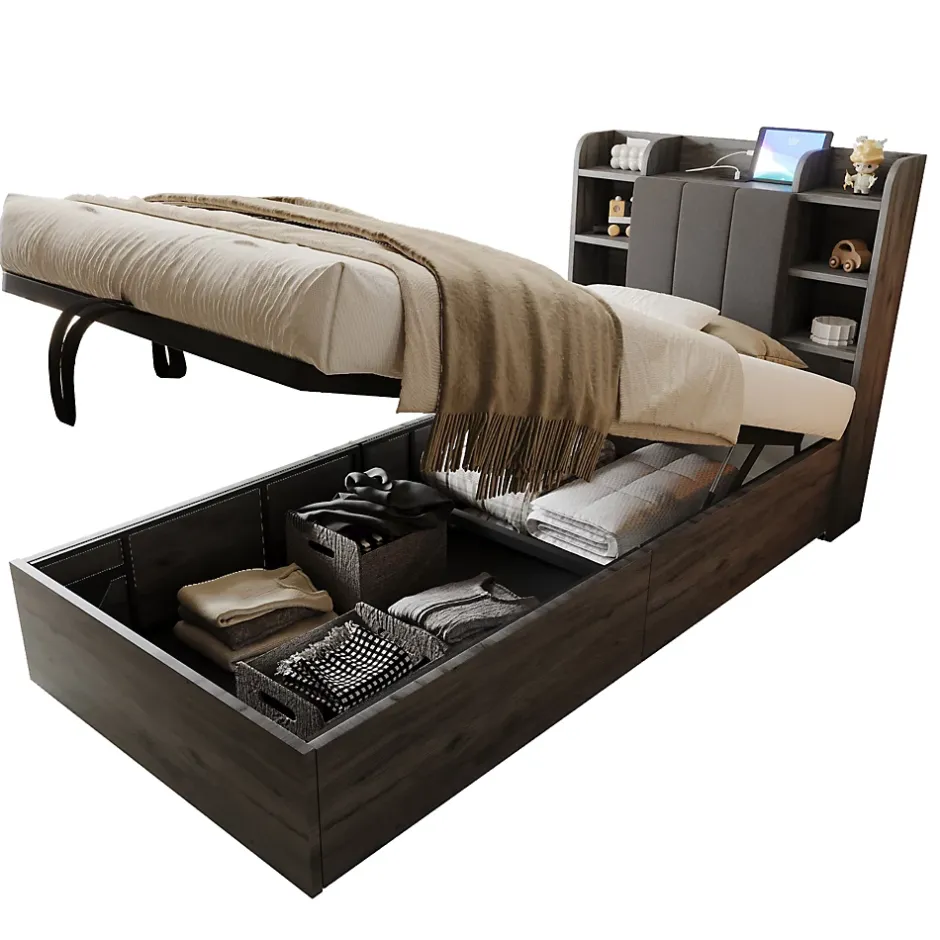 Redom Lit simple bois gris 90 par 200 cm avec tete de lit rangement prise USB et Type C systeme hydraulique sans matelas Online