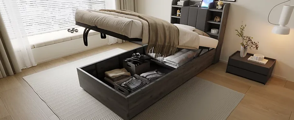 Redom Lit simple bois gris 90 par 200 cm avec tete de lit rangement prise USB et Type C systeme hydraulique sans matelas Online