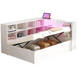 Redom Lit simple bois massif blanc 90 par 200 cm avec rangements prises lumineuse et systeme hydraulique Best