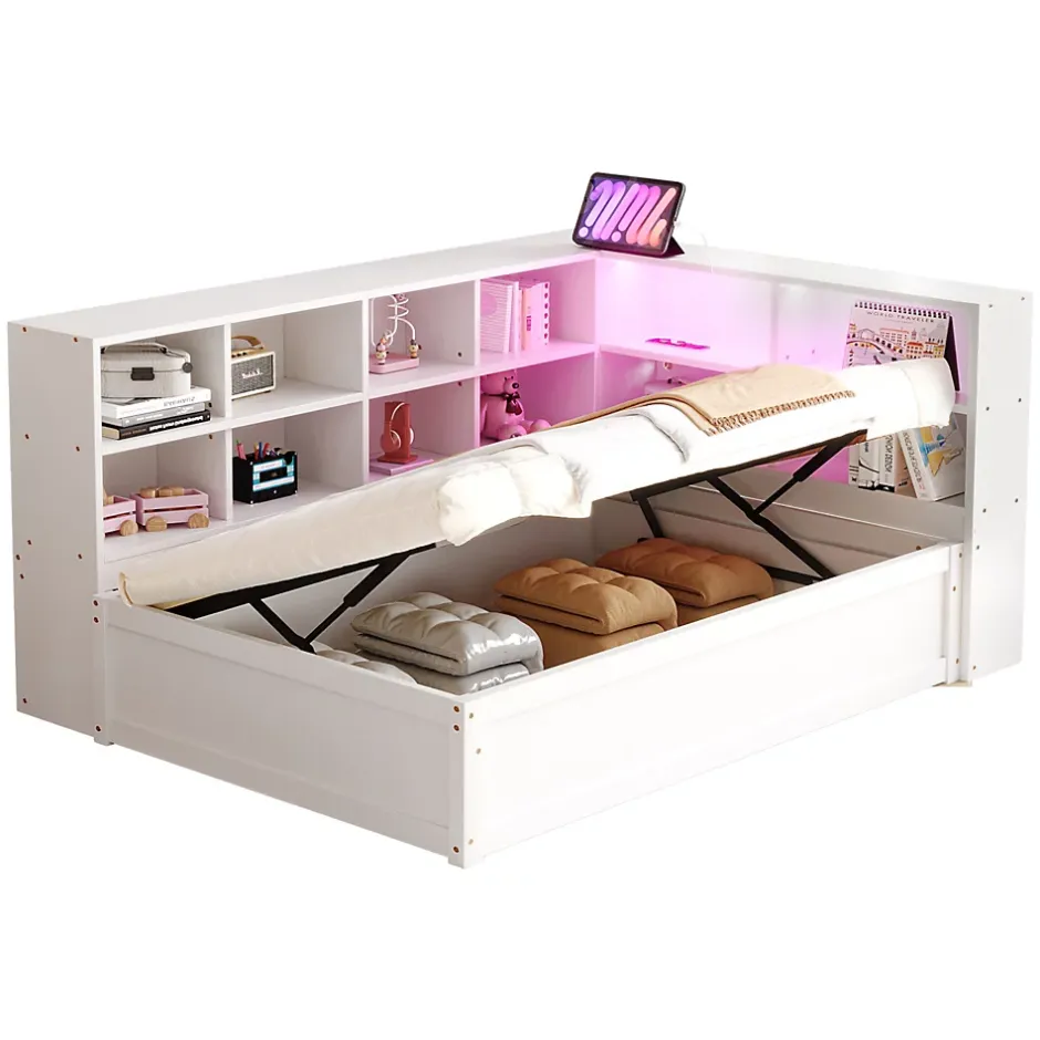 Redom Lit simple bois massif blanc 90 par 200 cm avec rangements prises lumineuse et systeme hydraulique Best