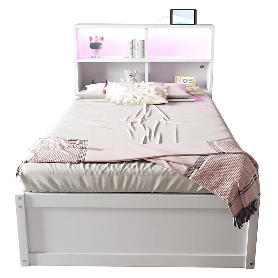 Redom Lit simple bois massif blanc avec rangements prise lumiere LED et systeme hydraulique