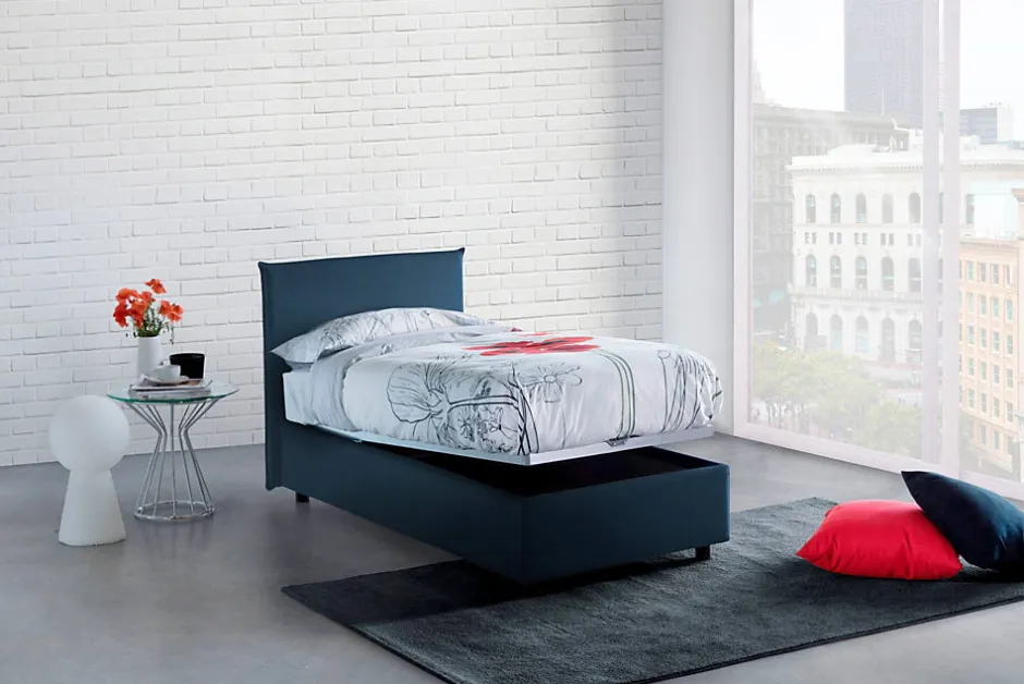 Talamo Italia Lit simple Bruna, Lit coffre avec revêtement en tissu, 100% Made in Italy, Ouverture frontale, adapté pour matelas 80x190 cm, Bleu