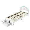 Generique Lit simple capitonné 90x200 cm avec tiroirs, sommier à lattes, velours, bande lumineuse LED - Blanc Discount
