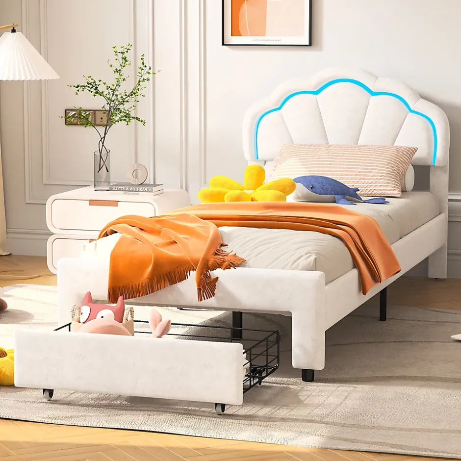 Generique Lit simple capitonné 90x200 cm avec tiroirs, sommier à lattes, velours, bande lumineuse LED - Blanc Discount