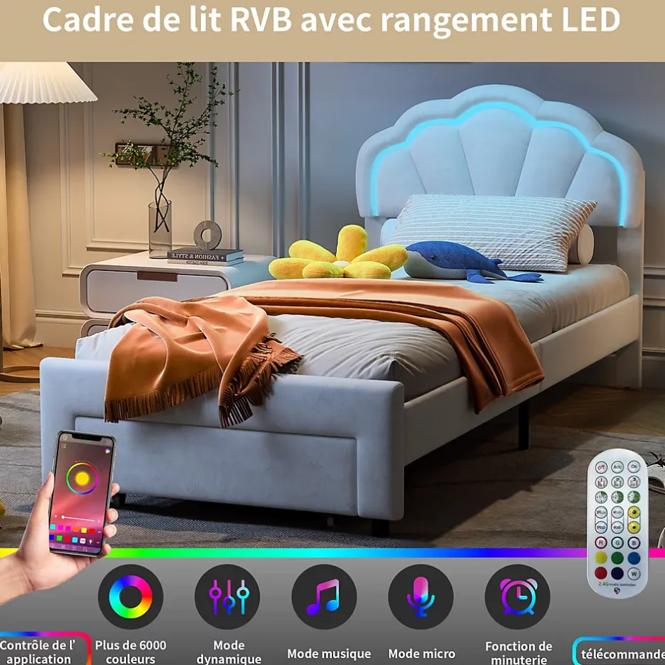 Generique Lit simple capitonné 90x200 cm avec tiroirs, sommier à lattes, velours, bande lumineuse LED - Blanc Discount