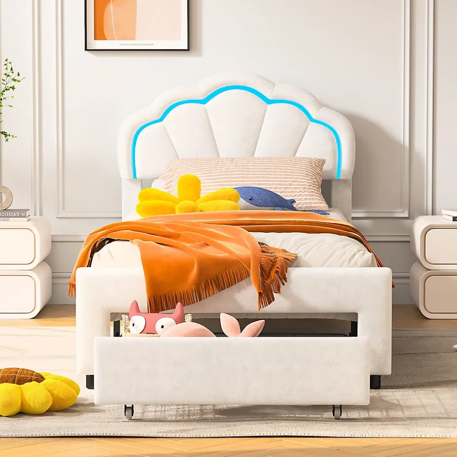 Generique Lit simple capitonné 90x200 cm avec tiroirs, sommier à lattes, velours, bande lumineuse LED - Blanc Discount