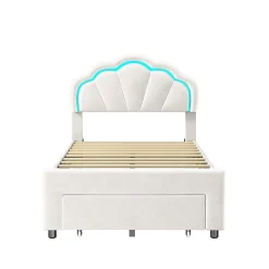 Generique Lit simple capitonné 90x200 cm avec tiroirs, sommier à lattes, velours, bande lumineuse LED - Blanc Discount