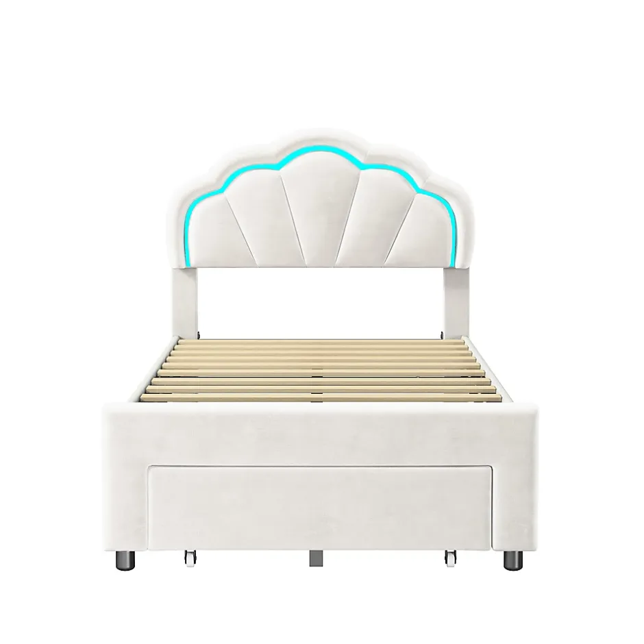 Generique Lit simple capitonné 90x200 cm avec tiroirs, sommier à lattes, velours, bande lumineuse LED - Blanc Discount