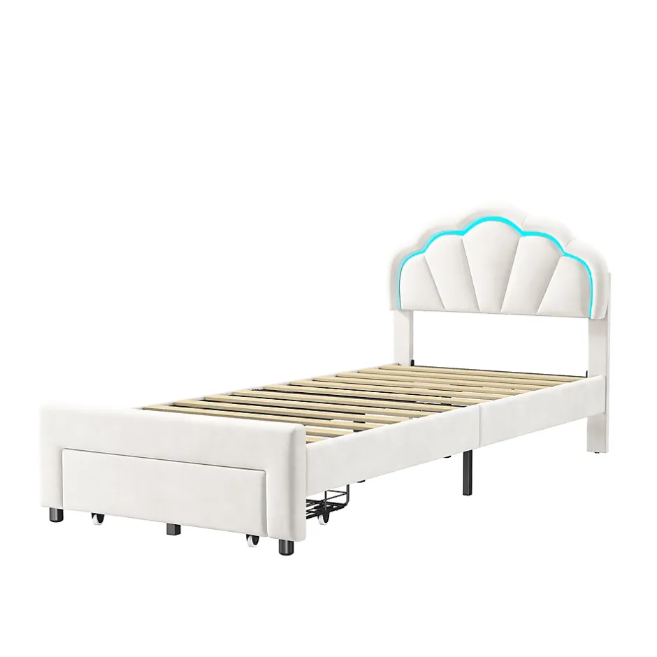 Generique Lit simple capitonné 90x200 cm avec tiroirs, sommier à lattes, velours, bande lumineuse LED - Blanc Discount