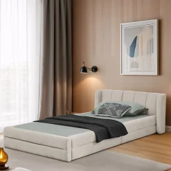 Okwish Lit Simple Capitonné 90x200 cm - avec Dossier Confortable, Revêtement en Chenille Doux, Couleur Beige - Sans Matelas