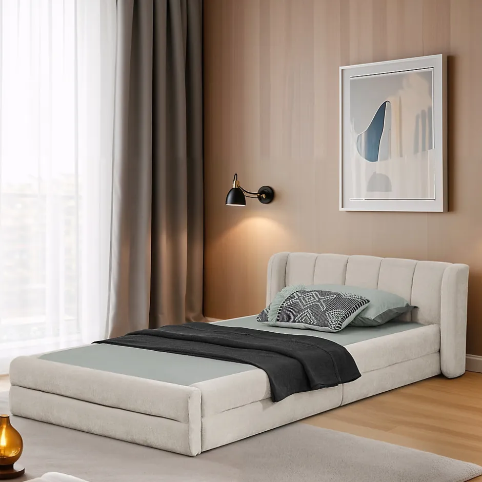 Okwish Lit Simple Capitonné 90x200 cm - avec Dossier Confortable, Revêtement en Chenille Doux, Couleur Beige - Sans Matelas
