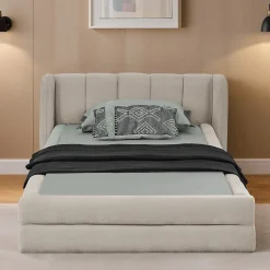 Okwish Lit Simple Capitonné 90x200 cm - avec Dossier Confortable, Revêtement en Chenille Doux, Couleur Beige - Sans Matelas