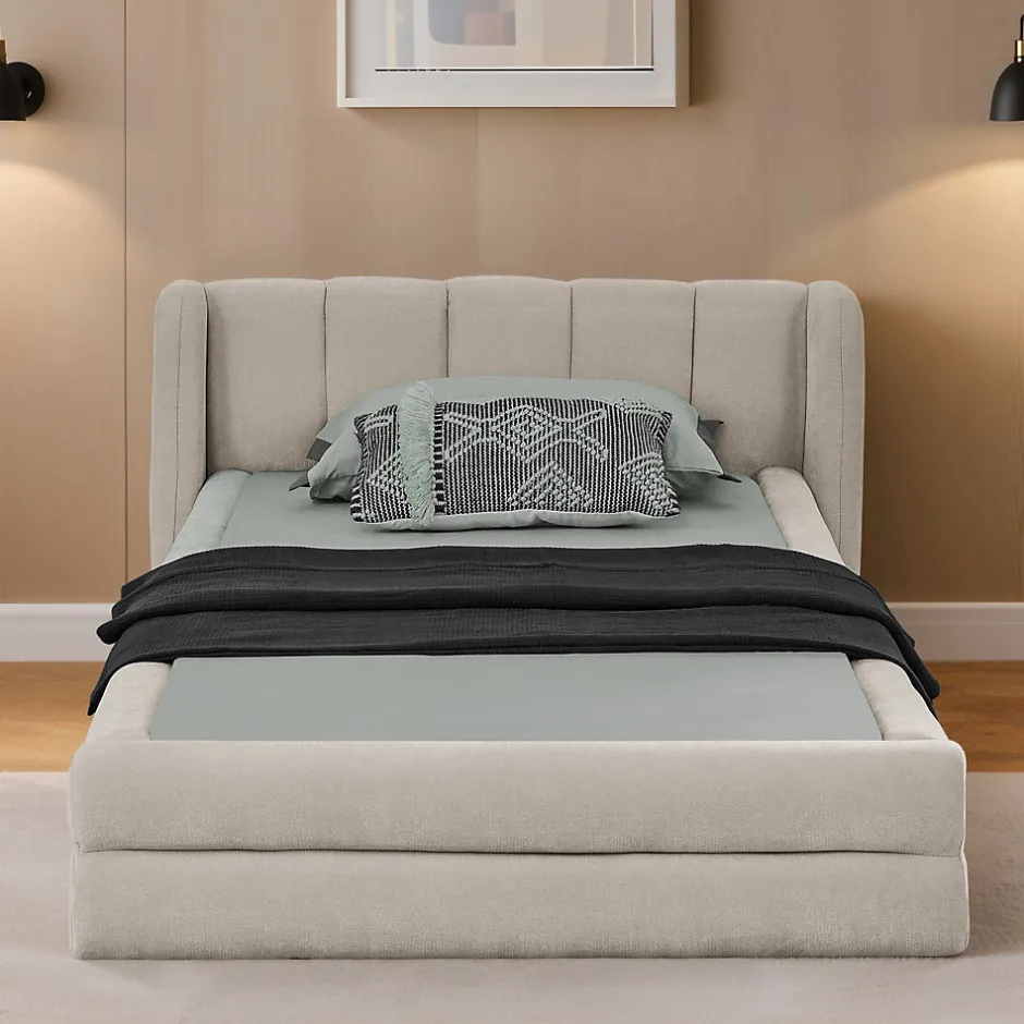 Okwish Lit Simple Capitonné 90x200 cm - avec Dossier Confortable, Revêtement en Chenille Doux, Couleur Beige - Sans Matelas